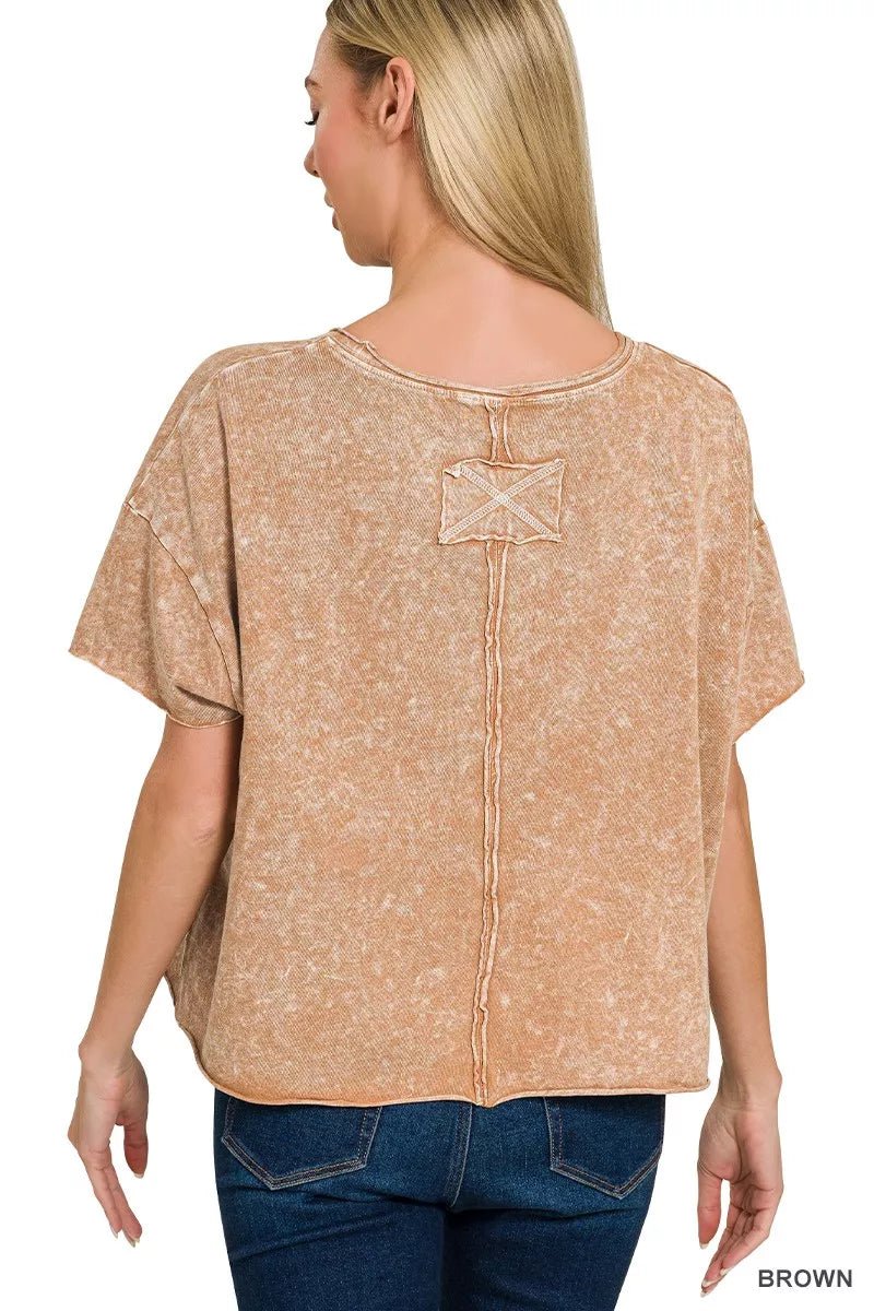 Zenana Halo Washed Cotton Short Sleeve Top - 