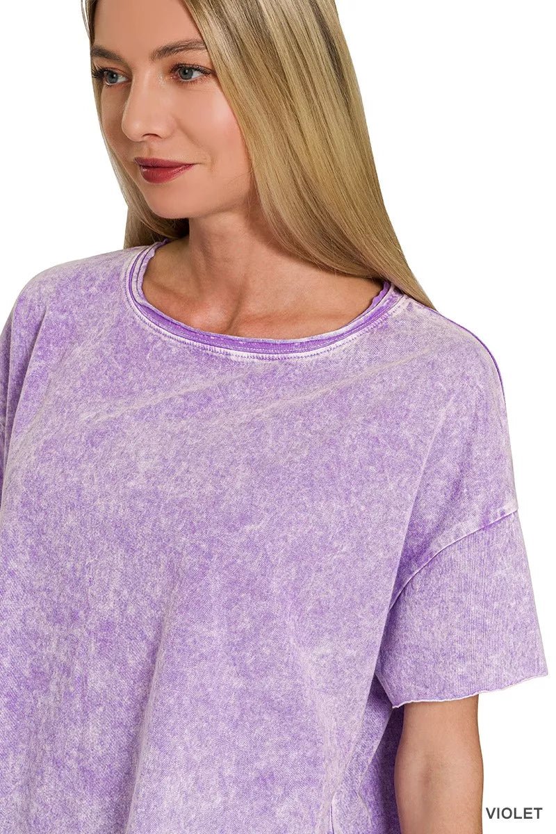 Zenana Halo Washed Cotton Short Sleeve Top - 