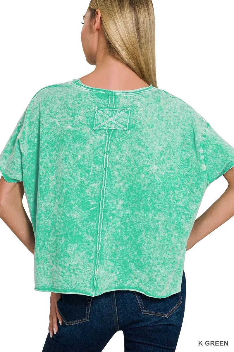 Zenana Halo Washed Cotton Short Sleeve Top - 