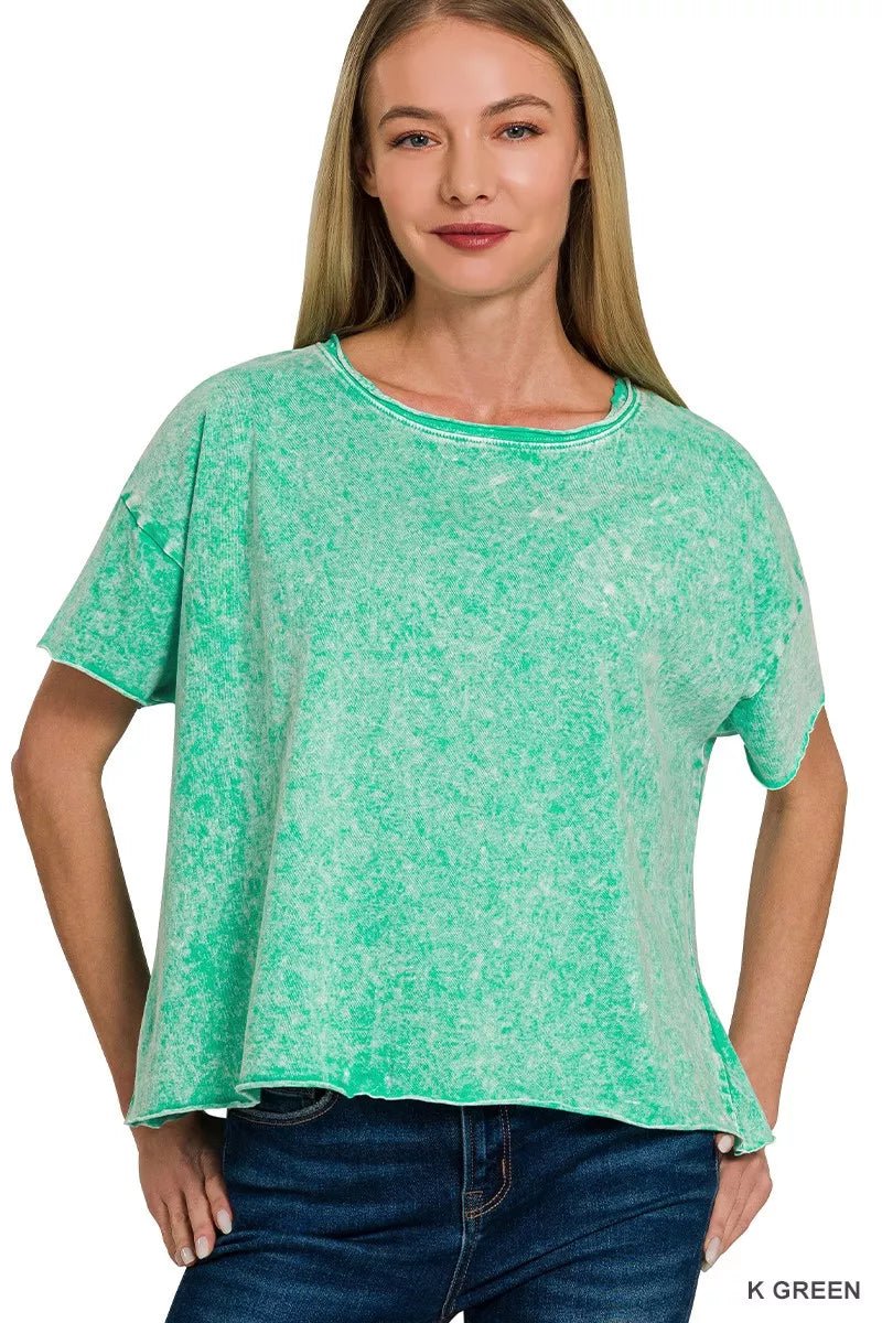 Zenana Halo Washed Cotton Short Sleeve Top - 