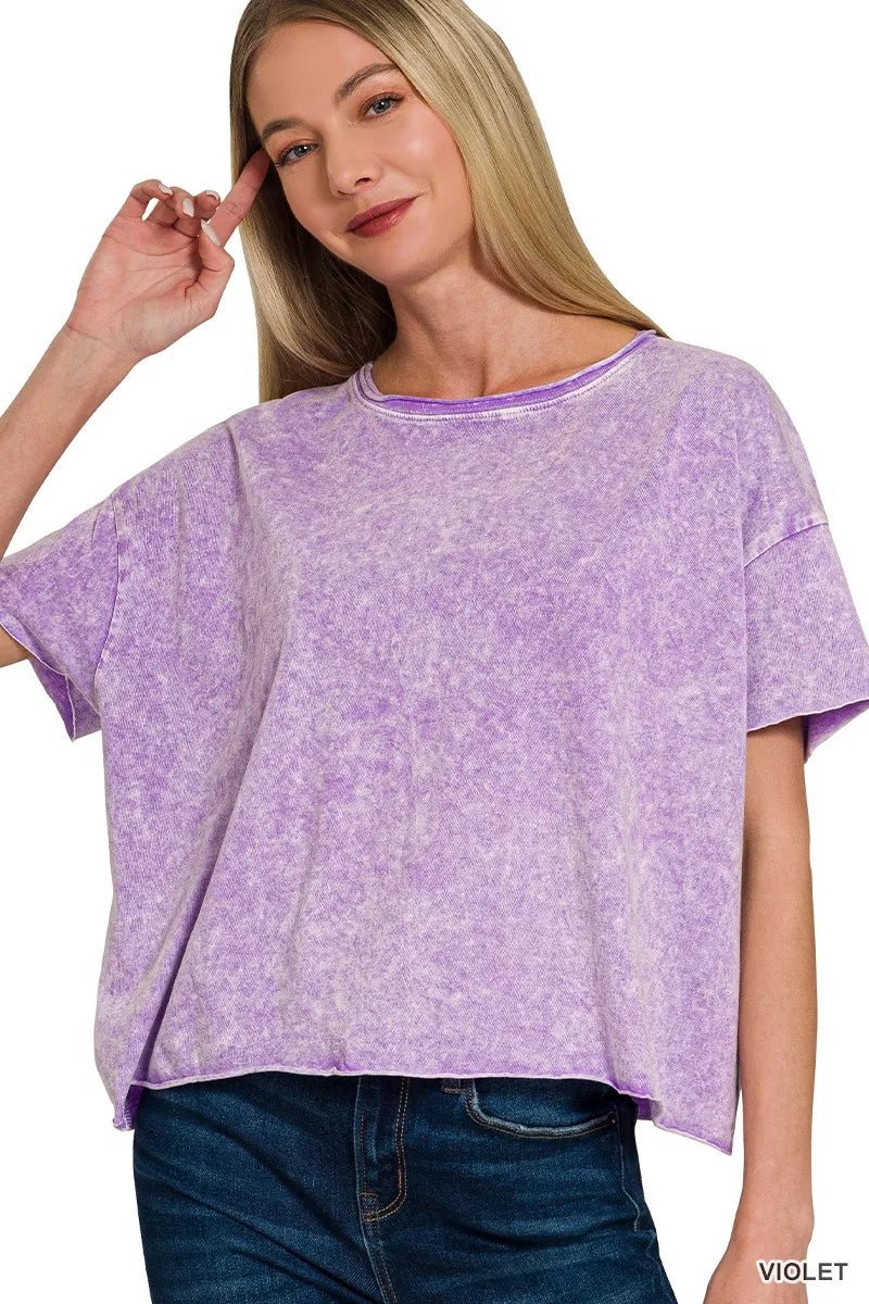 Zenana Halo Washed Cotton Short Sleeve Top - 