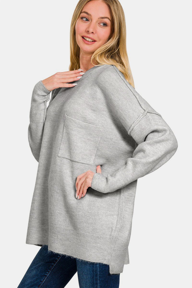 Zenana High - Low Hem Drop Shoulder Sweater - Outerwear