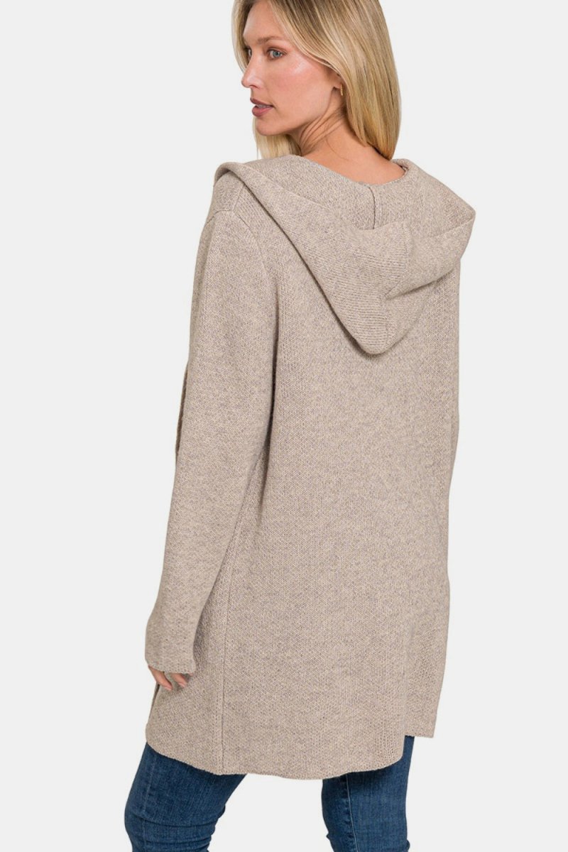 Zenana Hooded Open Front Sweater Cardigan - Outerwear