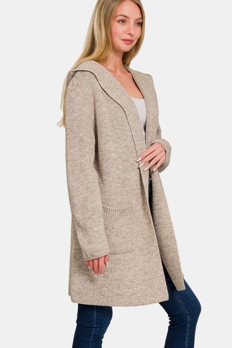 Zenana Hooded Open Front Sweater Cardigan - Outerwear