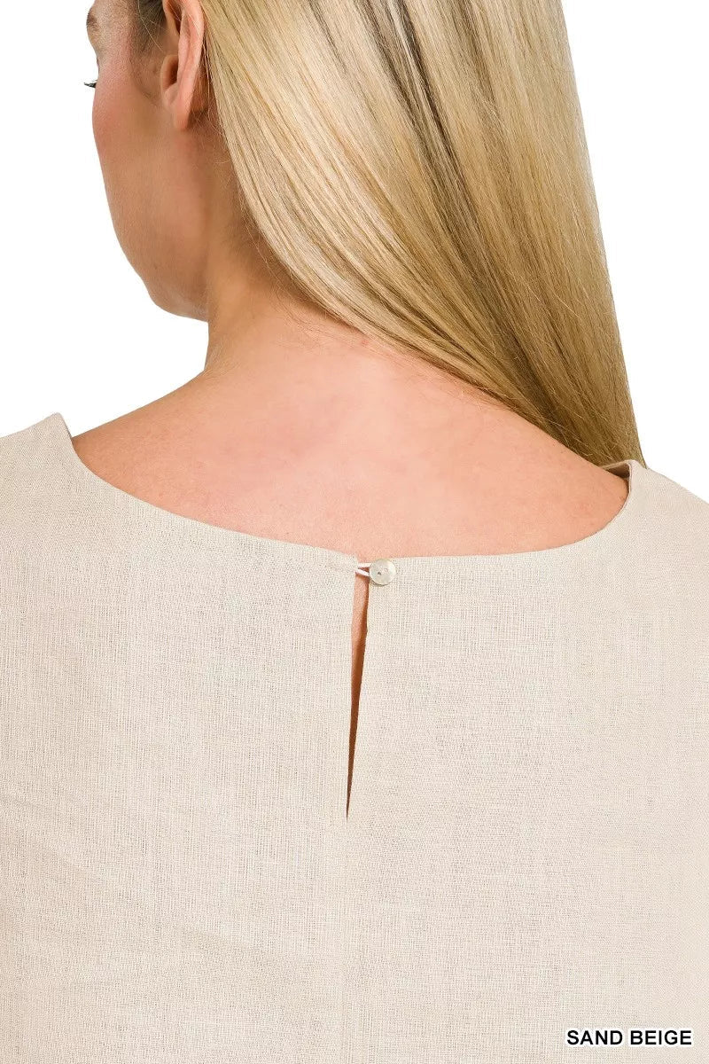 Zenana Linen Round Neck Cap Sleeve Top - 
