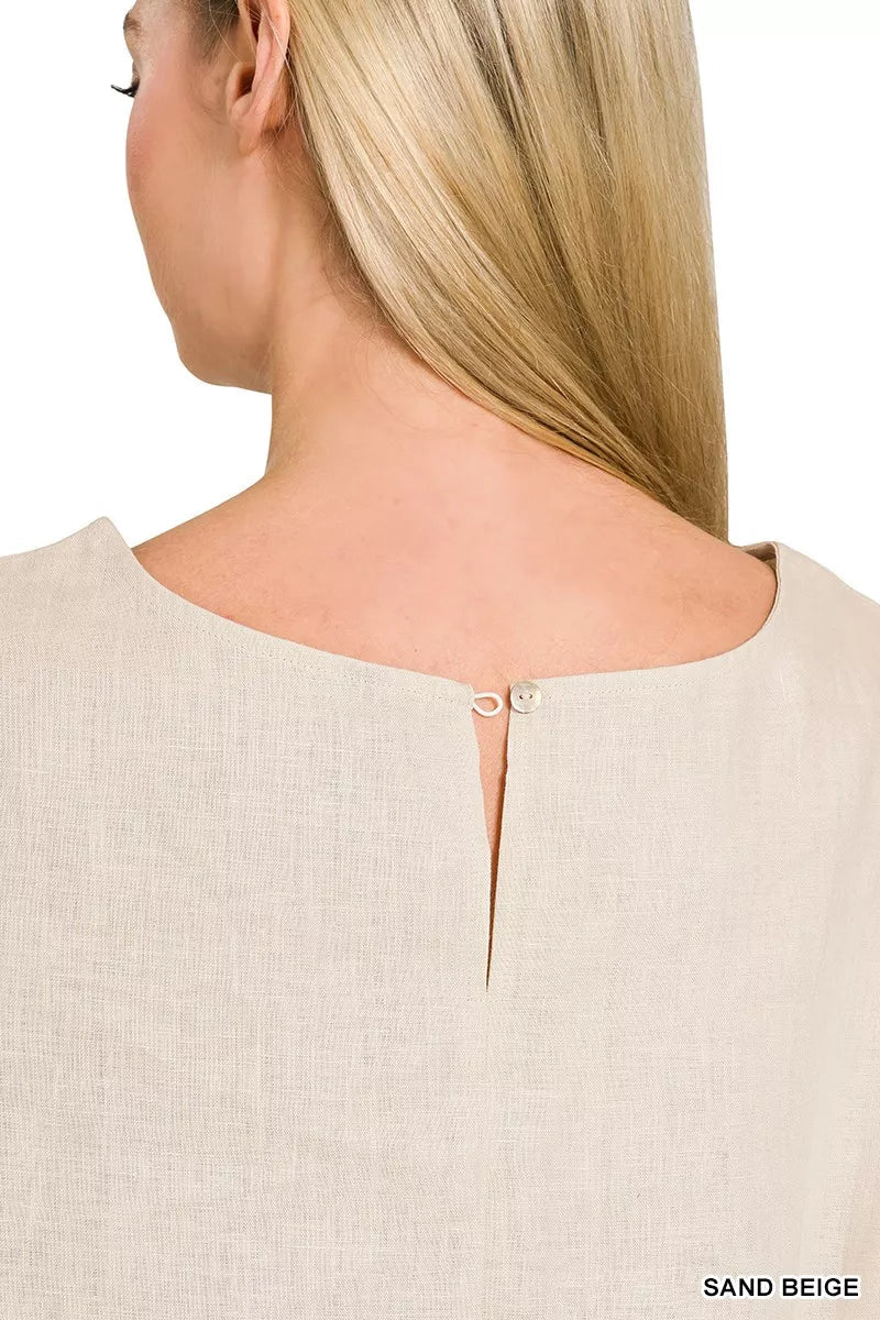 Zenana Linen Round Neck Cap Sleeve Top - 