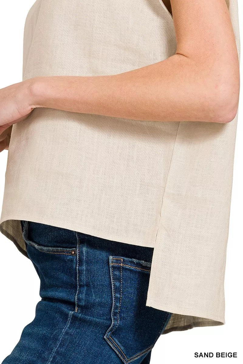 Zenana Linen Round Neck Cap Sleeve Top - 