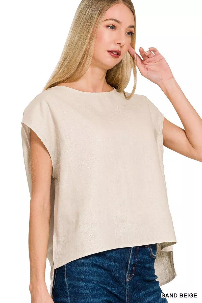 Zenana Linen Round Neck Cap Sleeve Top - 