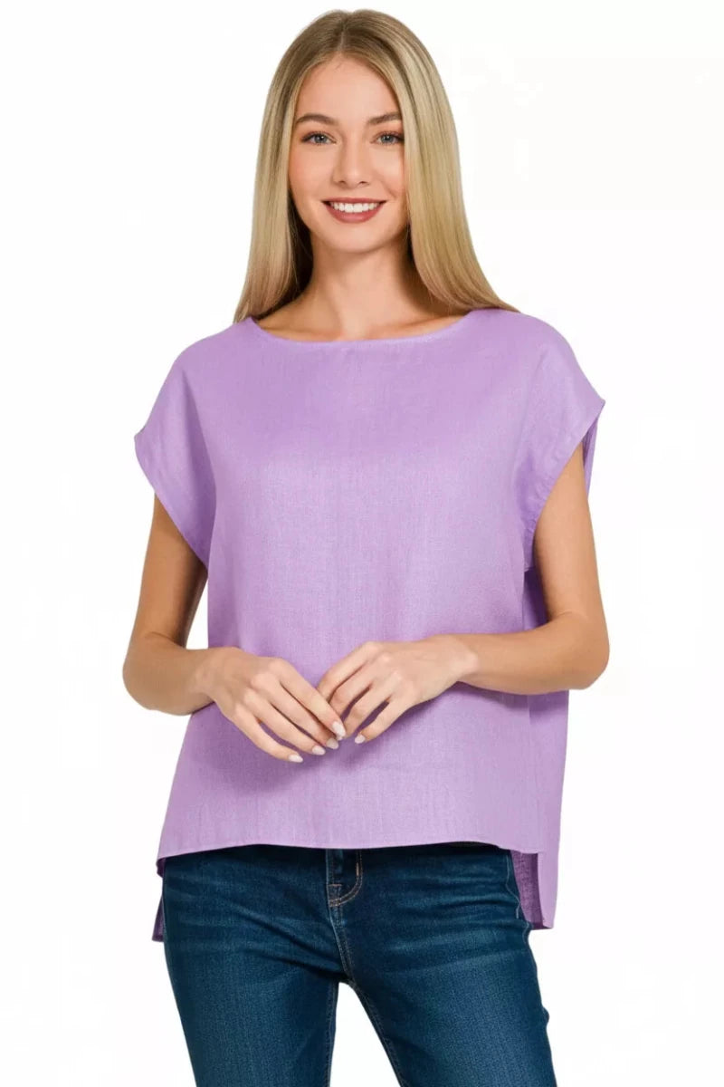 Zenana Linen Round Neck Cap Sleeve Top - 