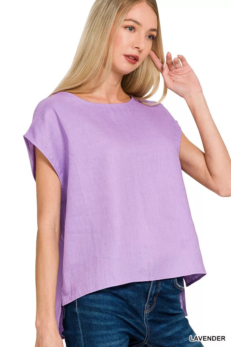 Zenana Linen Round Neck Cap Sleeve Top - 