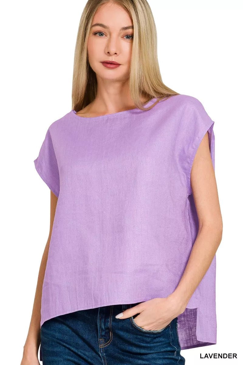 Zenana Linen Round Neck Cap Sleeve Top - 