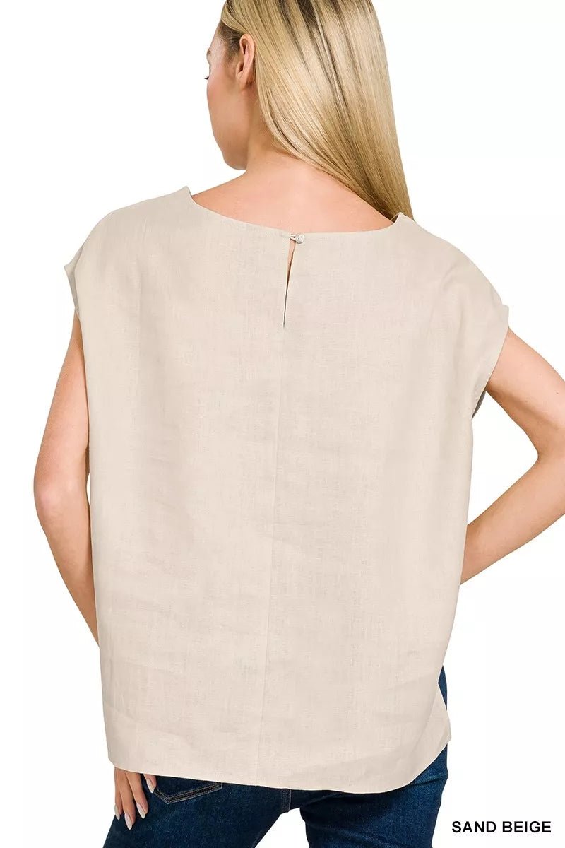 Zenana Linen Round Neck Cap Sleeve Top - 