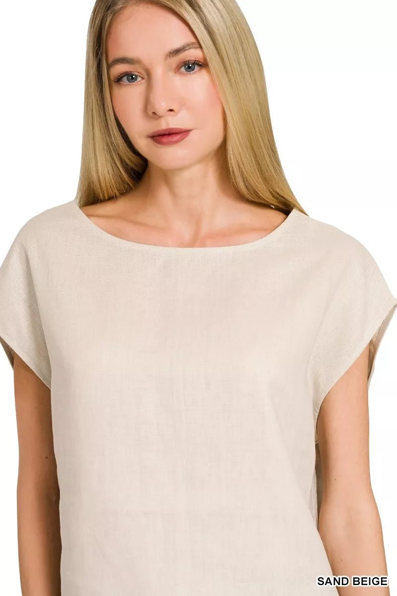 Zenana Linen Round Neck Cap Sleeve Top - 