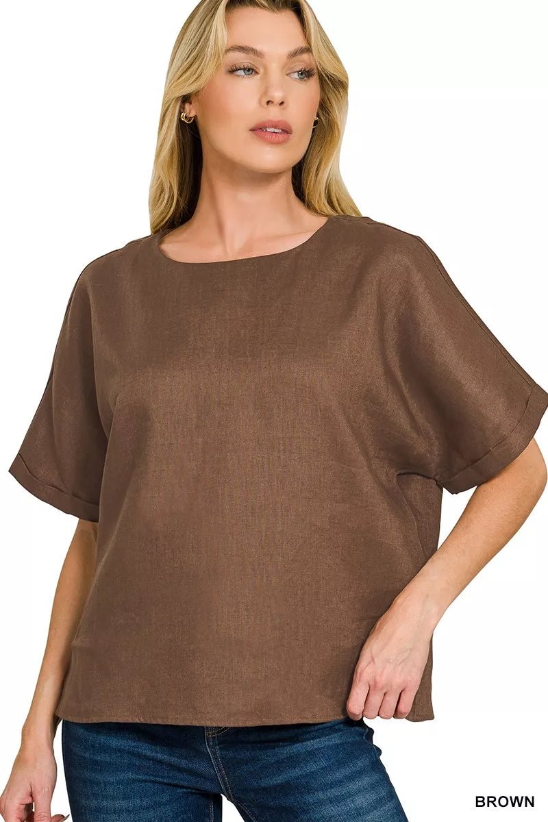 Zenana Linen Round Neck Cuffed Sleeve Top - 