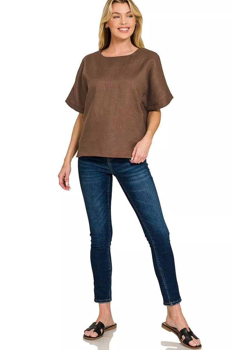 Zenana Linen Round Neck Cuffed Sleeve Top - 
