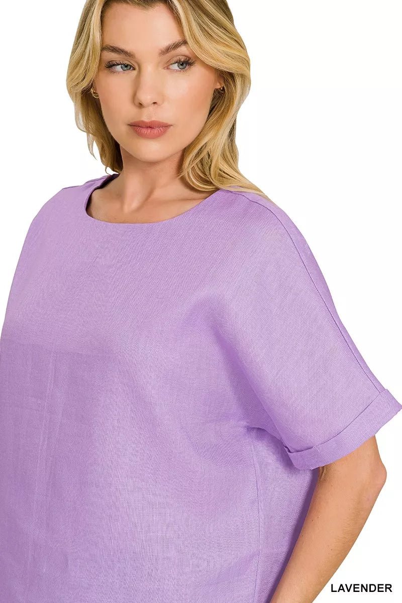 Zenana Linen Round Neck Cuffed Sleeve Top - 
