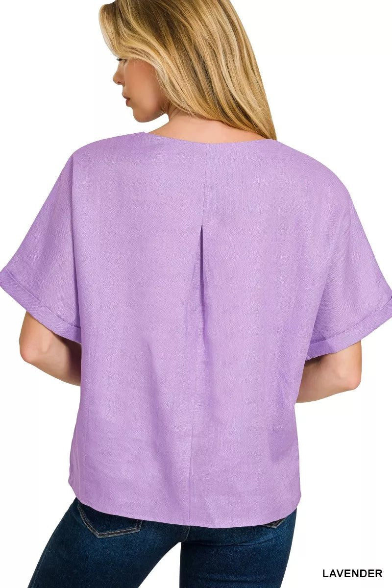 Zenana Linen Round Neck Cuffed Sleeve Top - 
