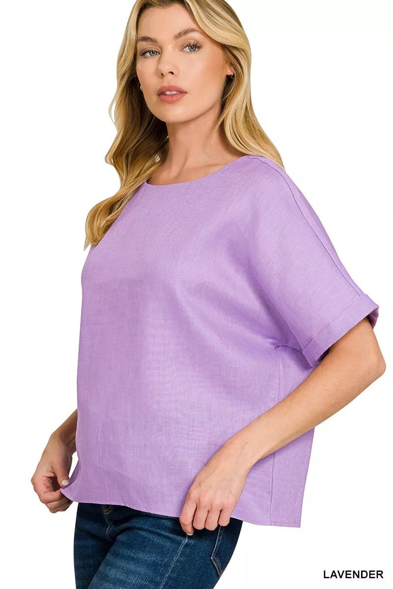 Zenana Linen Round Neck Cuffed Sleeve Top - 