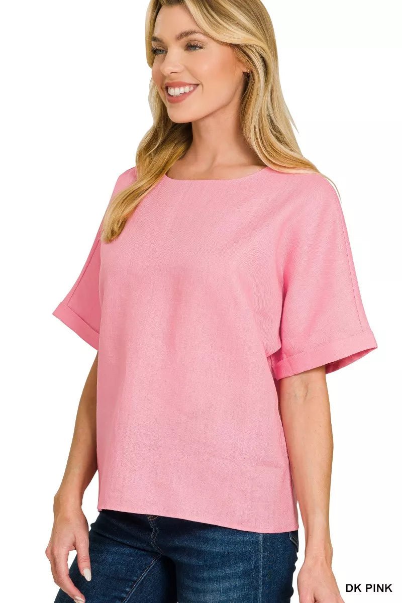 Zenana Linen Round Neck Cuffed Sleeve Top - 