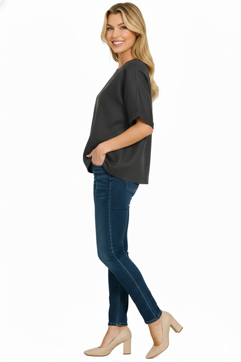 Zenana Linen Round Neck Cuffed Sleeve Top - 