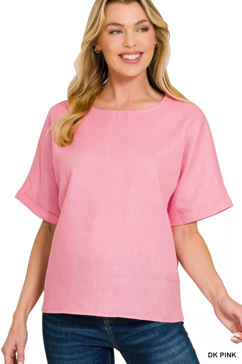 Zenana Linen Round Neck Cuffed Sleeve Top - 