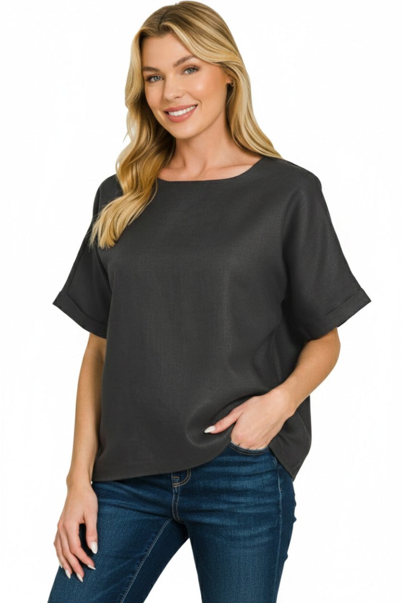 Zenana Linen Round Neck Cuffed Sleeve Top - 