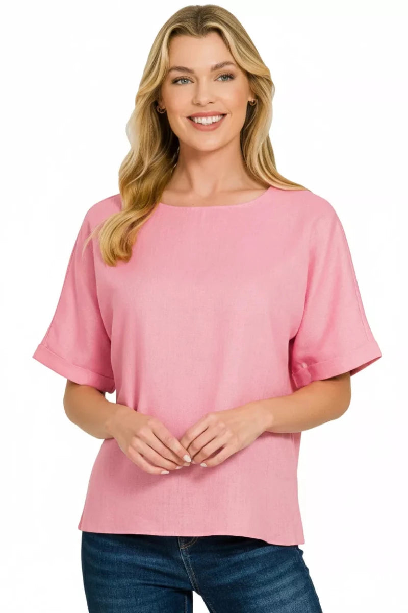 Zenana Linen Round Neck Cuffed Sleeve Top - 