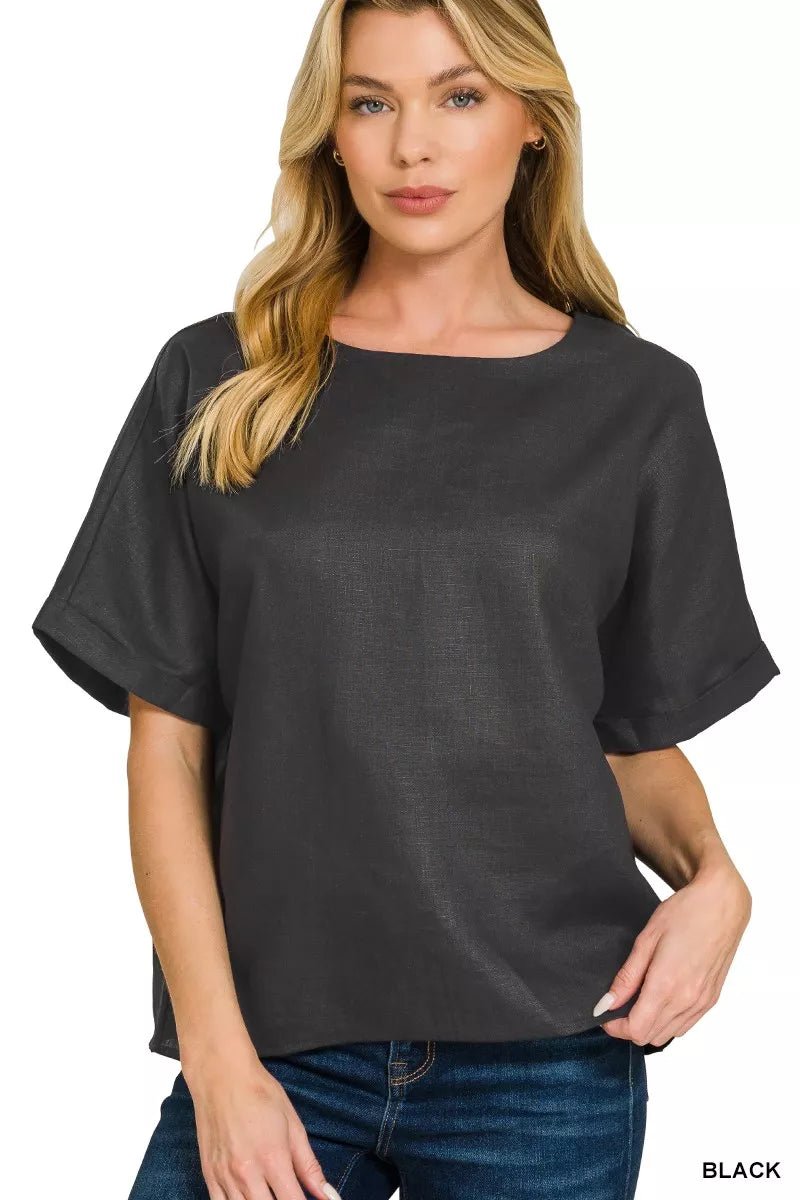 Zenana Linen Round Neck Cuffed Sleeve Top - 