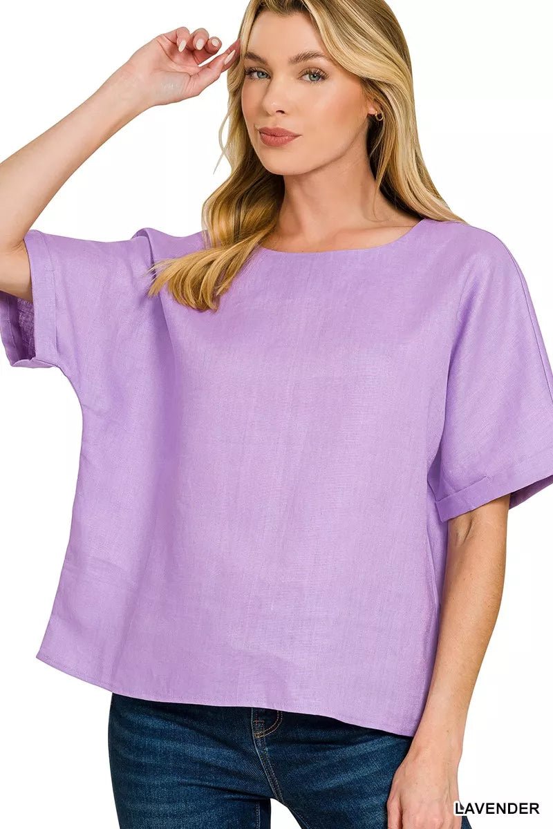 Zenana Linen Round Neck Cuffed Sleeve Top - 