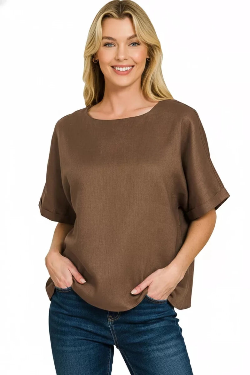 Zenana Linen Round Neck Cuffed Sleeve Top - 