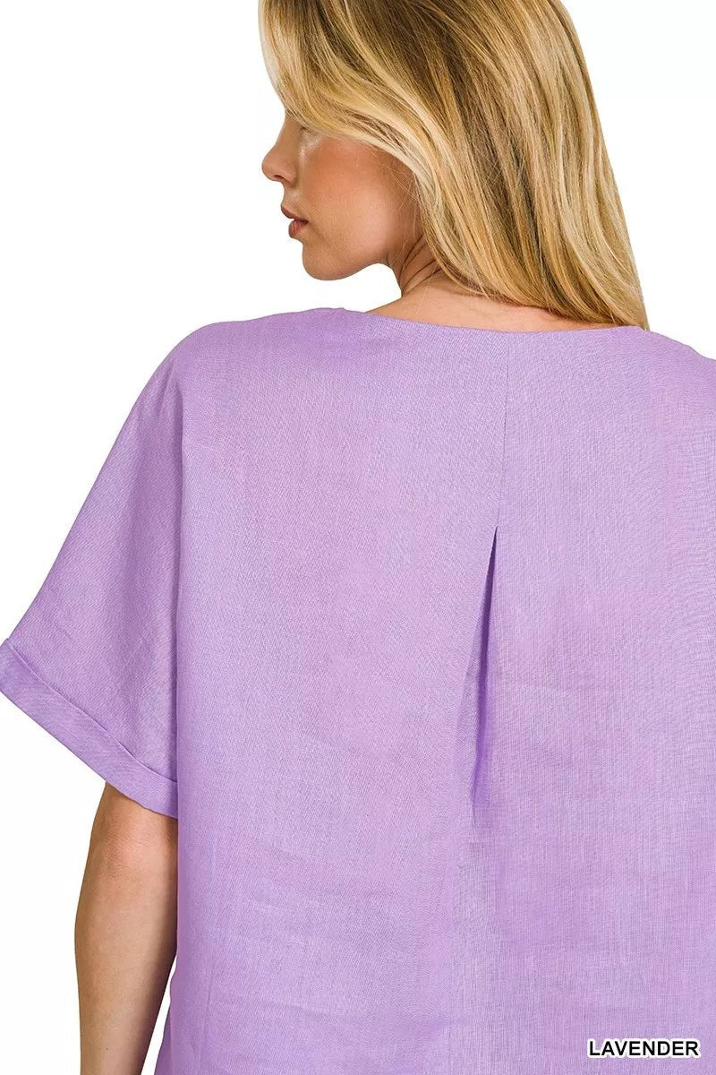 Zenana Linen Round Neck Cuffed Sleeve Top - 
