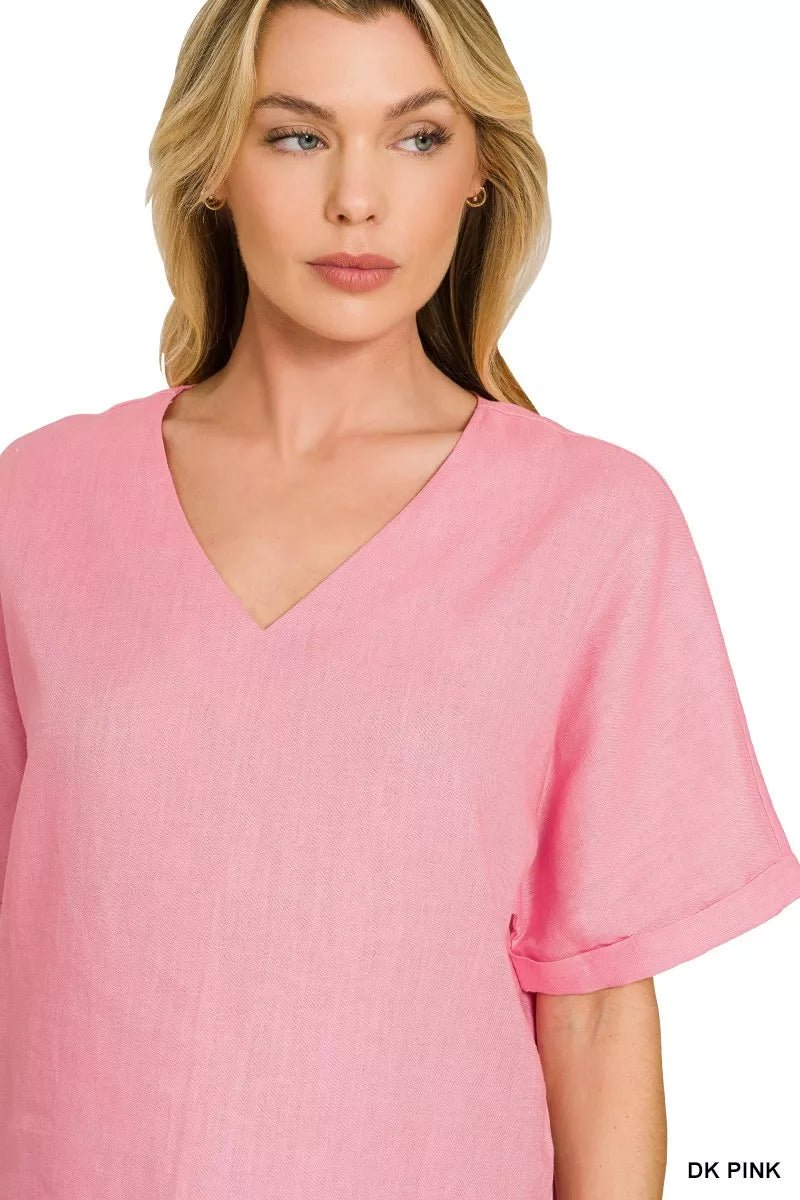 Zenana Linen V - Neck Cuffed Sleeve Top - 