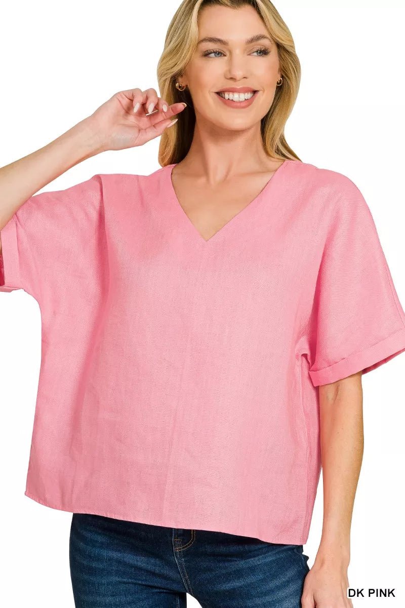 Zenana Linen V - Neck Cuffed Sleeve Top - 