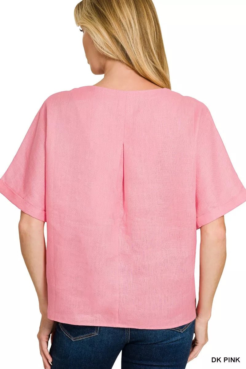Zenana Linen V - Neck Cuffed Sleeve Top - 
