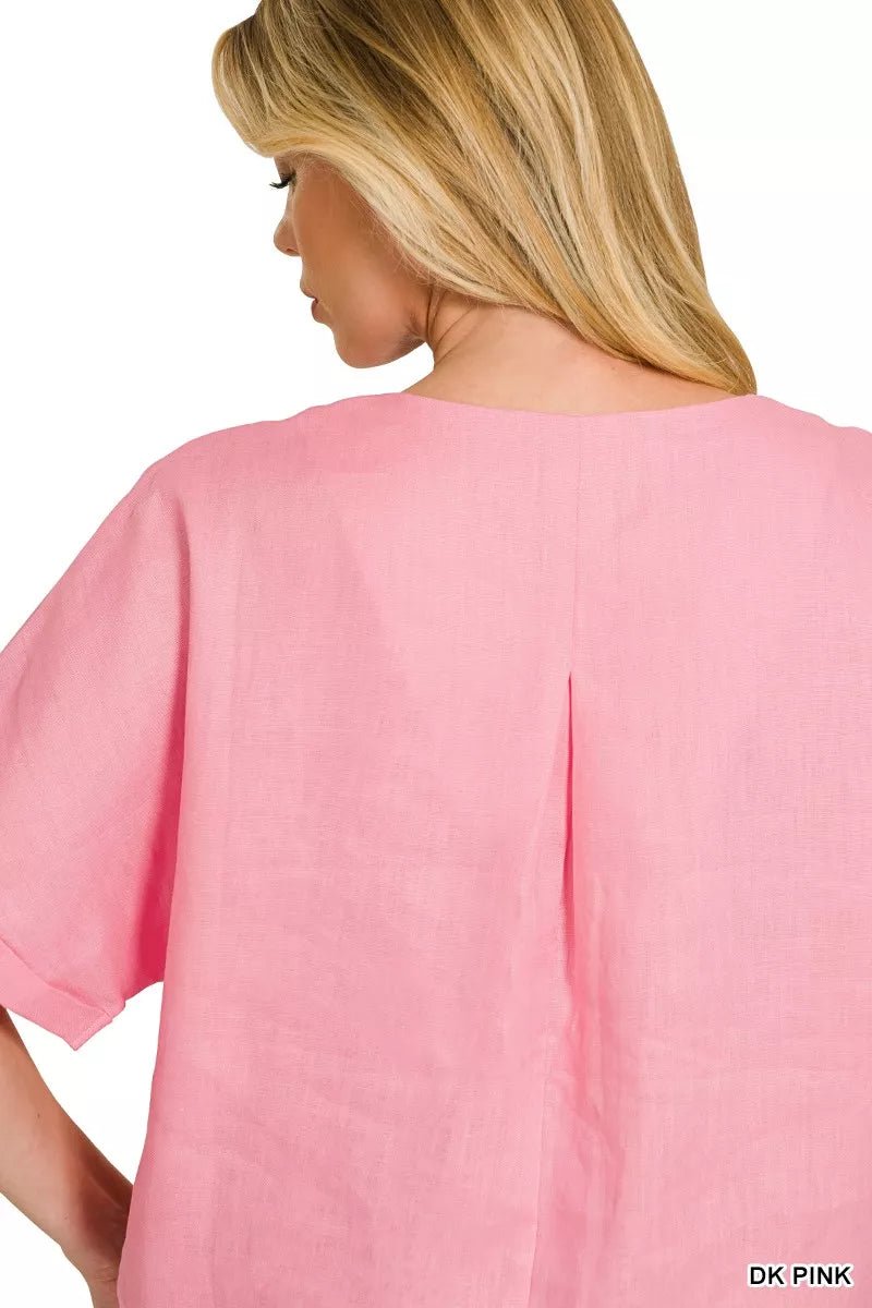 Zenana Linen V - Neck Cuffed Sleeve Top - 