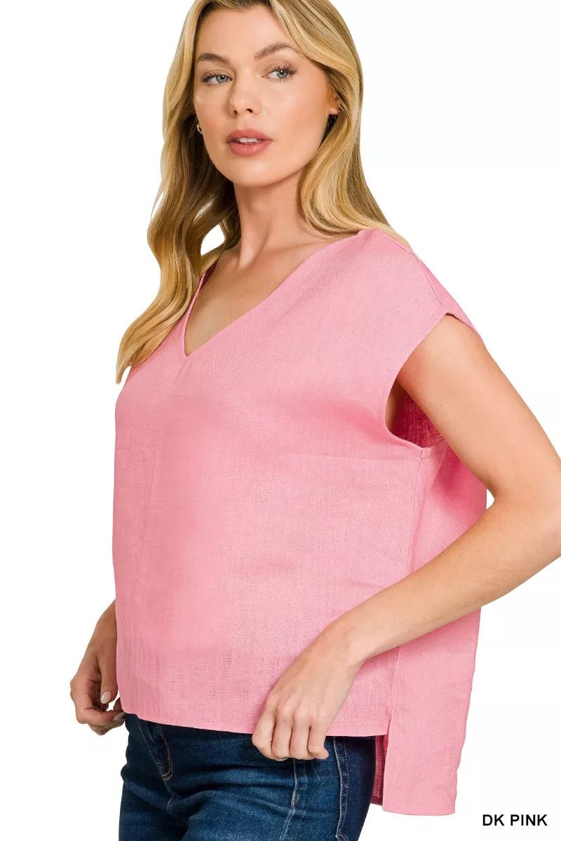 Zenana Linen V - Neck Sleeveless Top - 