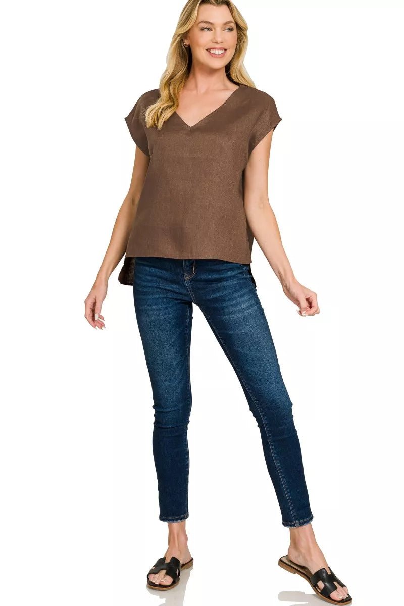 Zenana Linen V - Neck Sleeveless Top - 