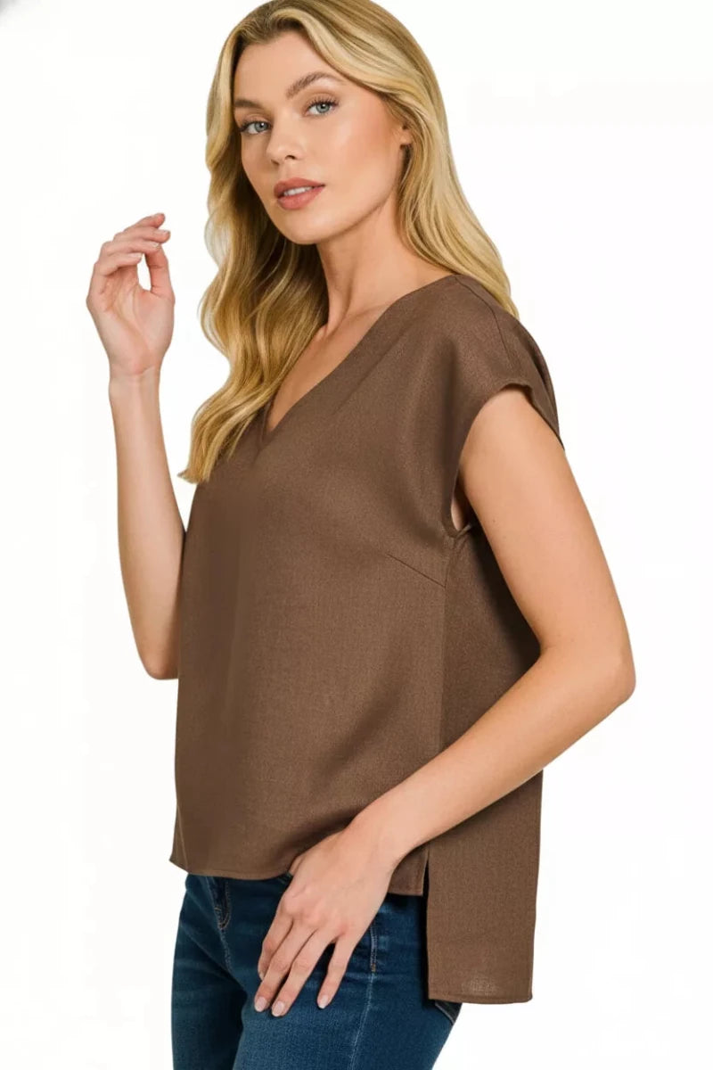 Zenana Linen V - Neck Sleeveless Top - 
