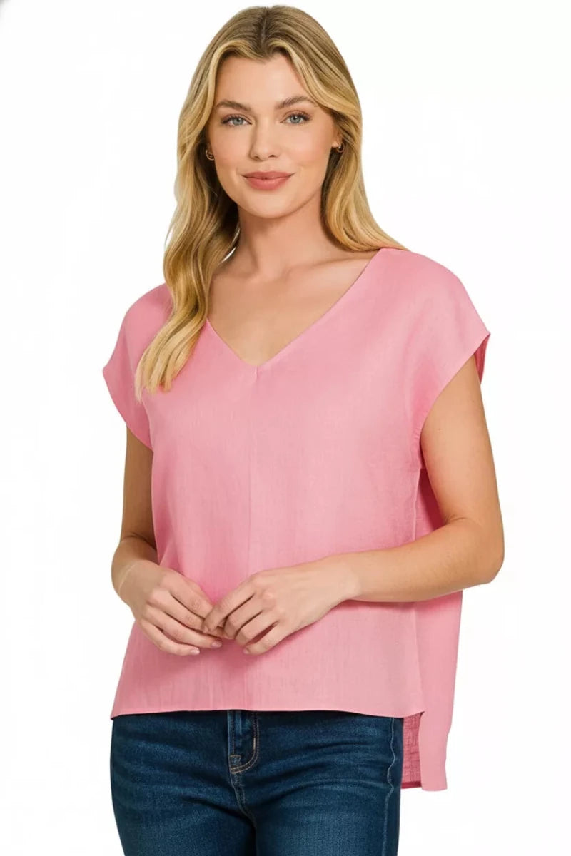 Zenana Linen V - Neck Sleeveless Top - 