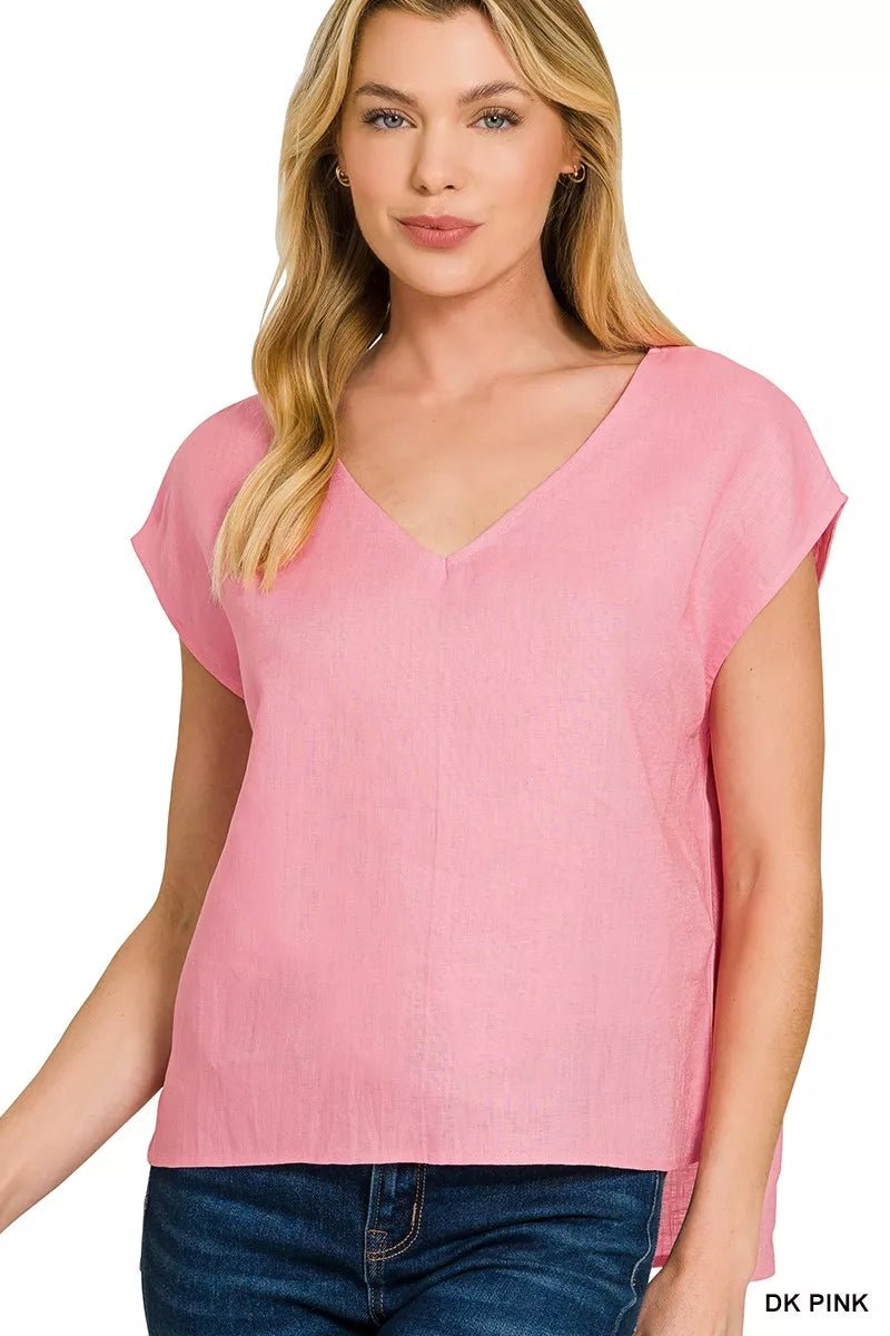Zenana Linen V - Neck Sleeveless Top - 