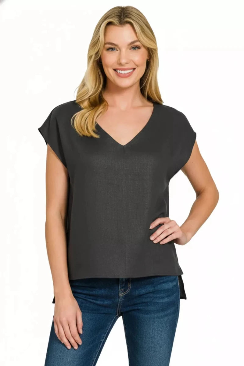Zenana Linen V - Neck Sleeveless Top - 