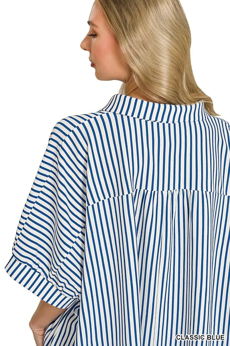 Zenana Oversized Stripe Button Down Shirt - 