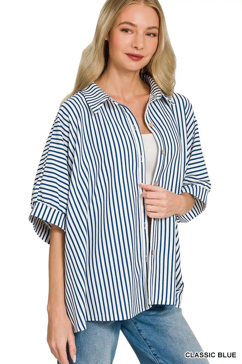 Zenana Oversized Stripe Button Down Shirt - 