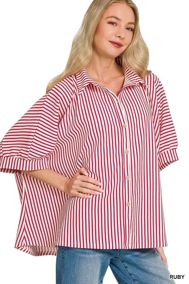 Zenana Oversized Stripe Button Down Shirt - 