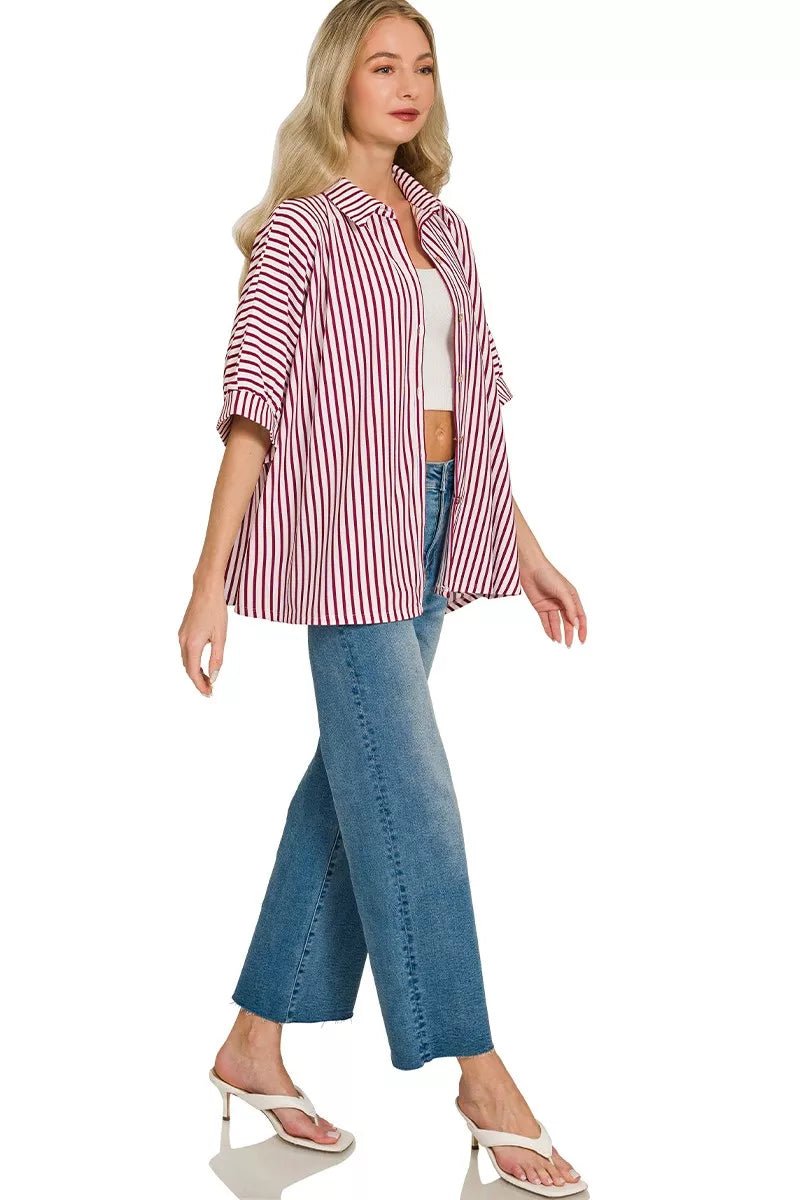 Zenana Oversized Stripe Button Down Shirt - 