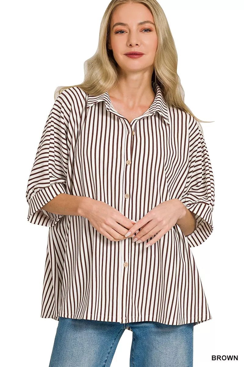 Zenana Oversized Stripe Button Down Shirt - 