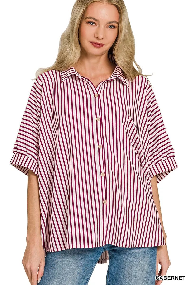 Zenana Oversized Stripe Button Down Shirt - 