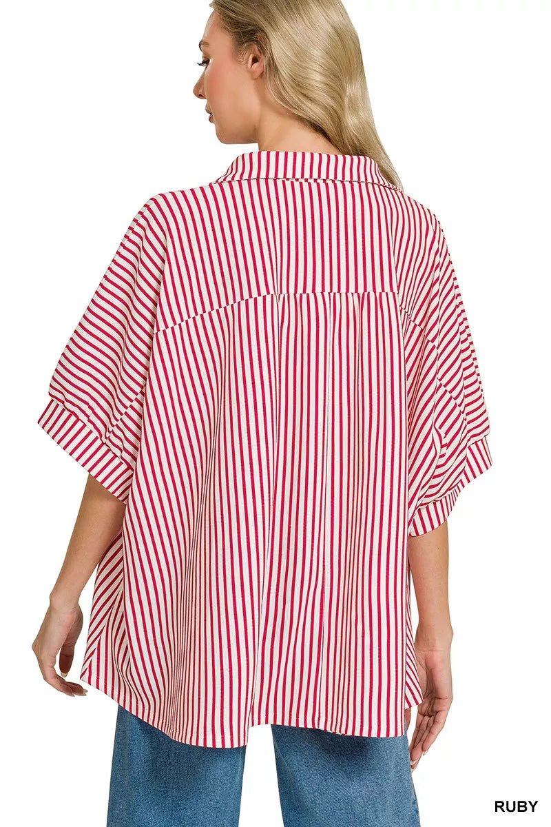 Zenana Oversized Stripe Button Down Shirt - 