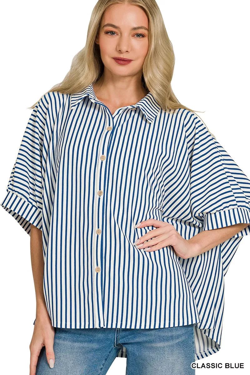 Zenana Oversized Stripe Button Down Shirt - 