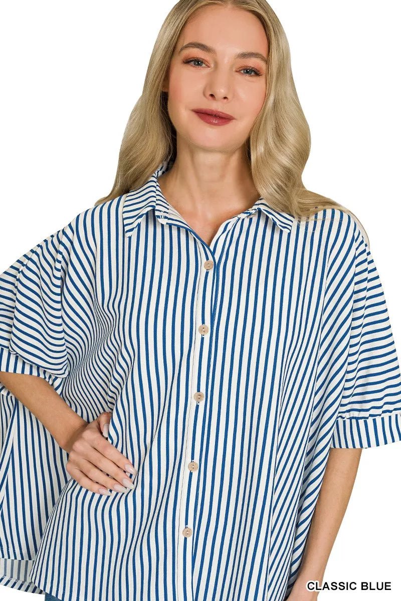 Zenana Oversized Stripe Button Down Shirt - 